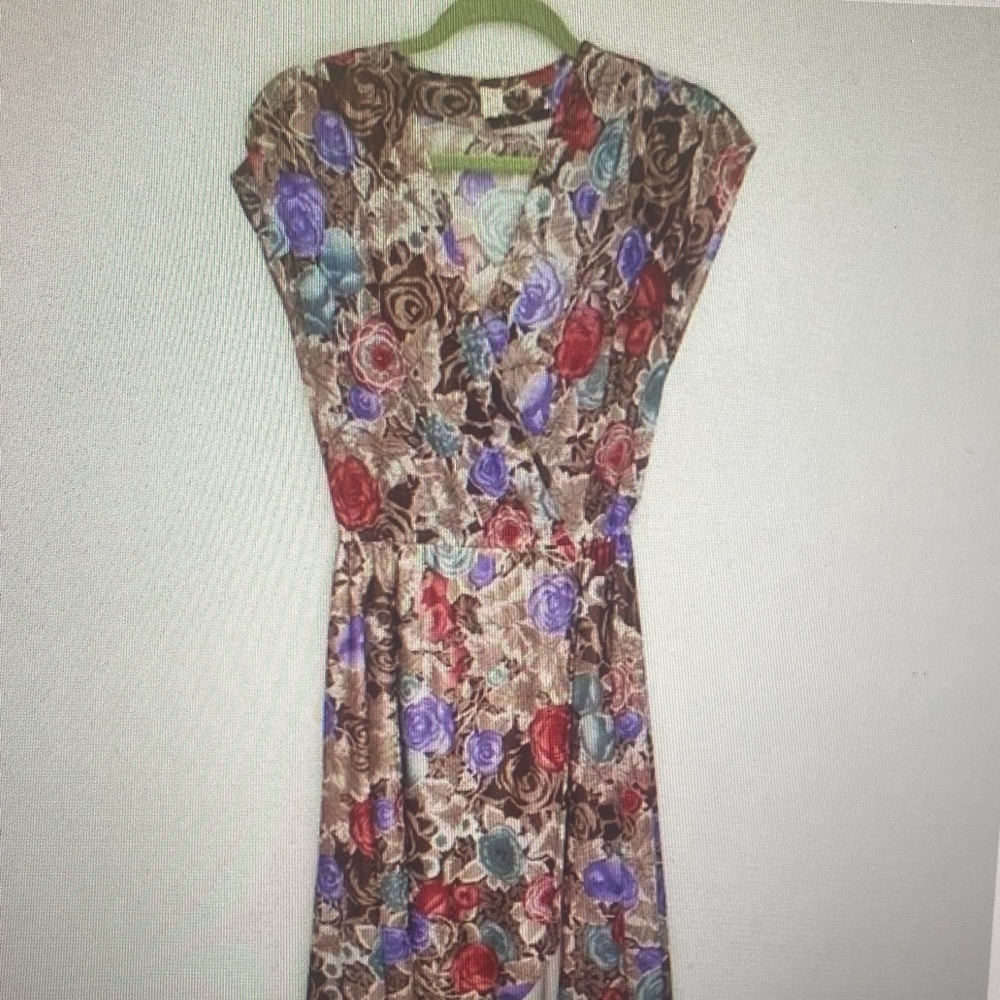 Vintage Floral Midi Dress in Brown with Red & Purple Roses